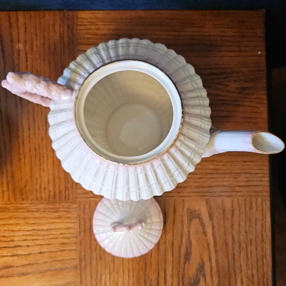 Belleek Ireland Neptune Teapot Pink Coral Handle Parian China Green Mark 0857